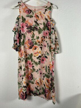 Womens Pink Green Floral Print Cold Shoulder Shift Dress Lined Casual Summer